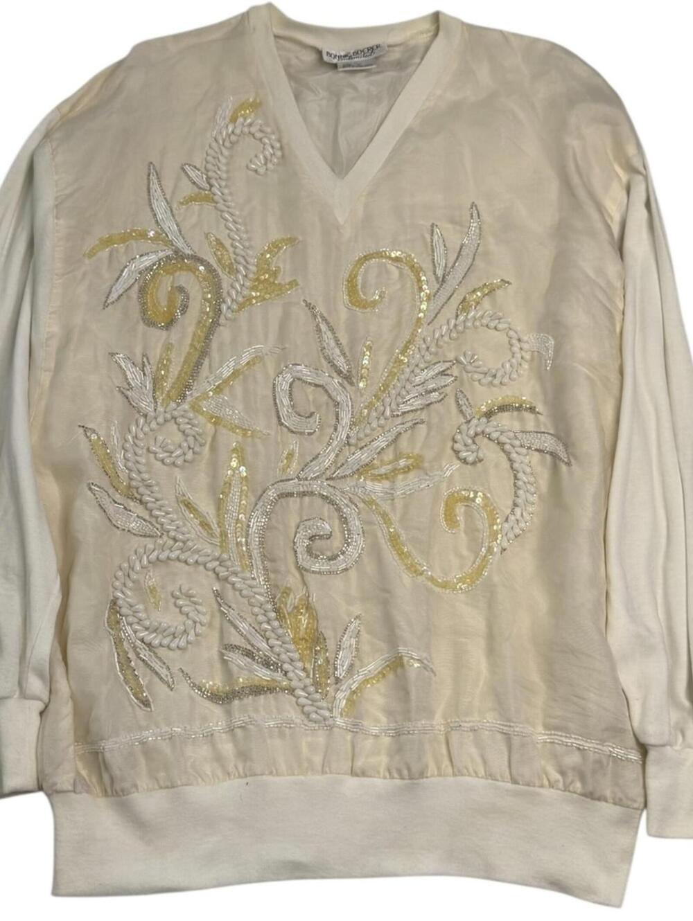 Bonnie Boerer Vintage Silk Beaded Sequin Pullover Sweater Cream Small